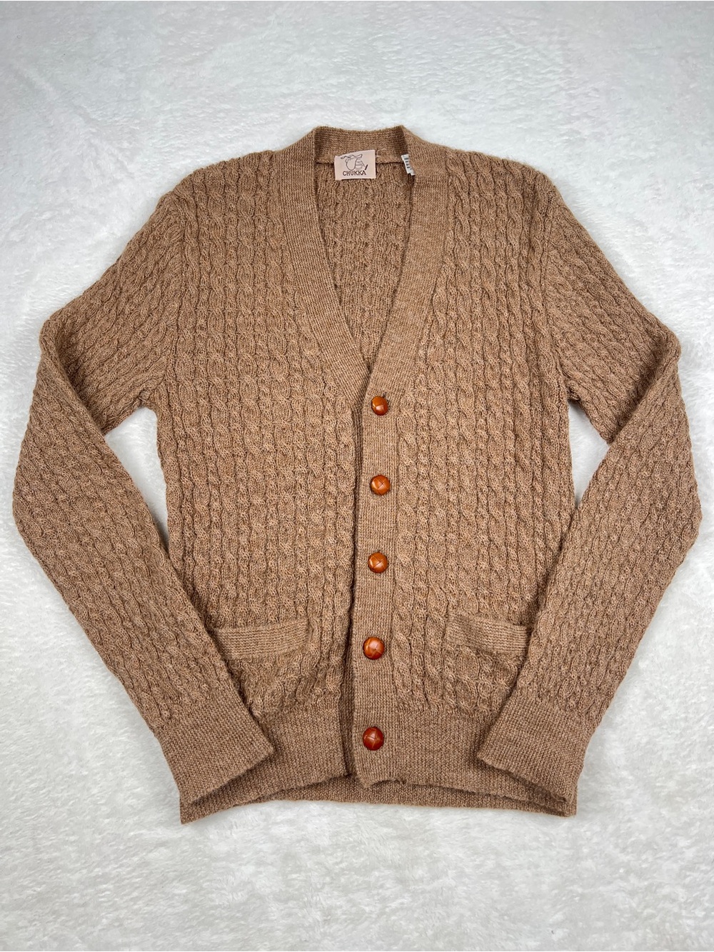 Vintage CHUKKA 100% Peruvian Alpaca Cable Knit Cardigan M Brown Spain